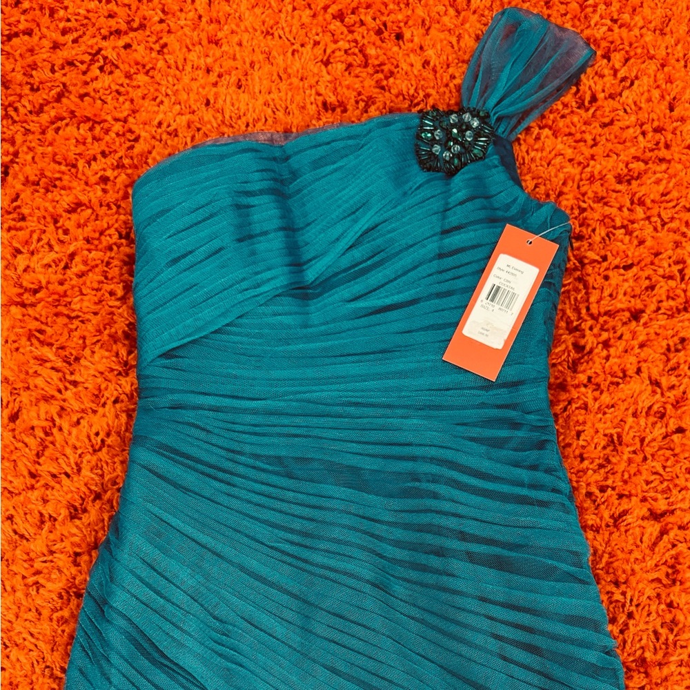 NWT $498 MONIQUE L’HUILLIER PARTY TURQUOISE BLUE ONE-SHOULDER TULLE DRESS SZ 4